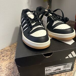 Adidas Junior Black and White Sneakers with Gum Sole 6.5